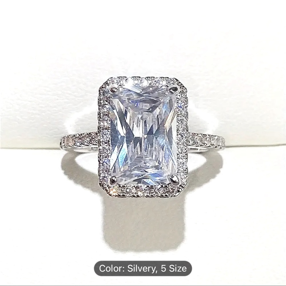 Sliver plated square cubic zirconia Ring.
